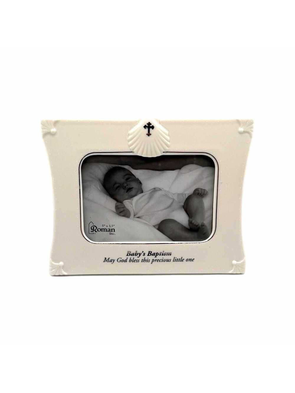 Vintage Roman, Inc. Baby’s Baptism White Ceramic Picture Frame – 5x3.5-In Photo